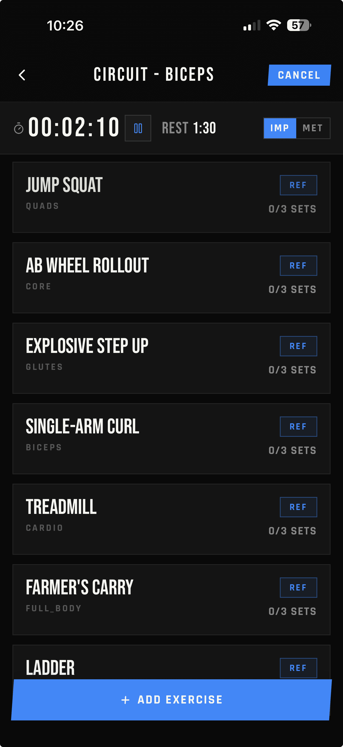 LIFTL active workout showing multiple exercise types in a focused phone interface