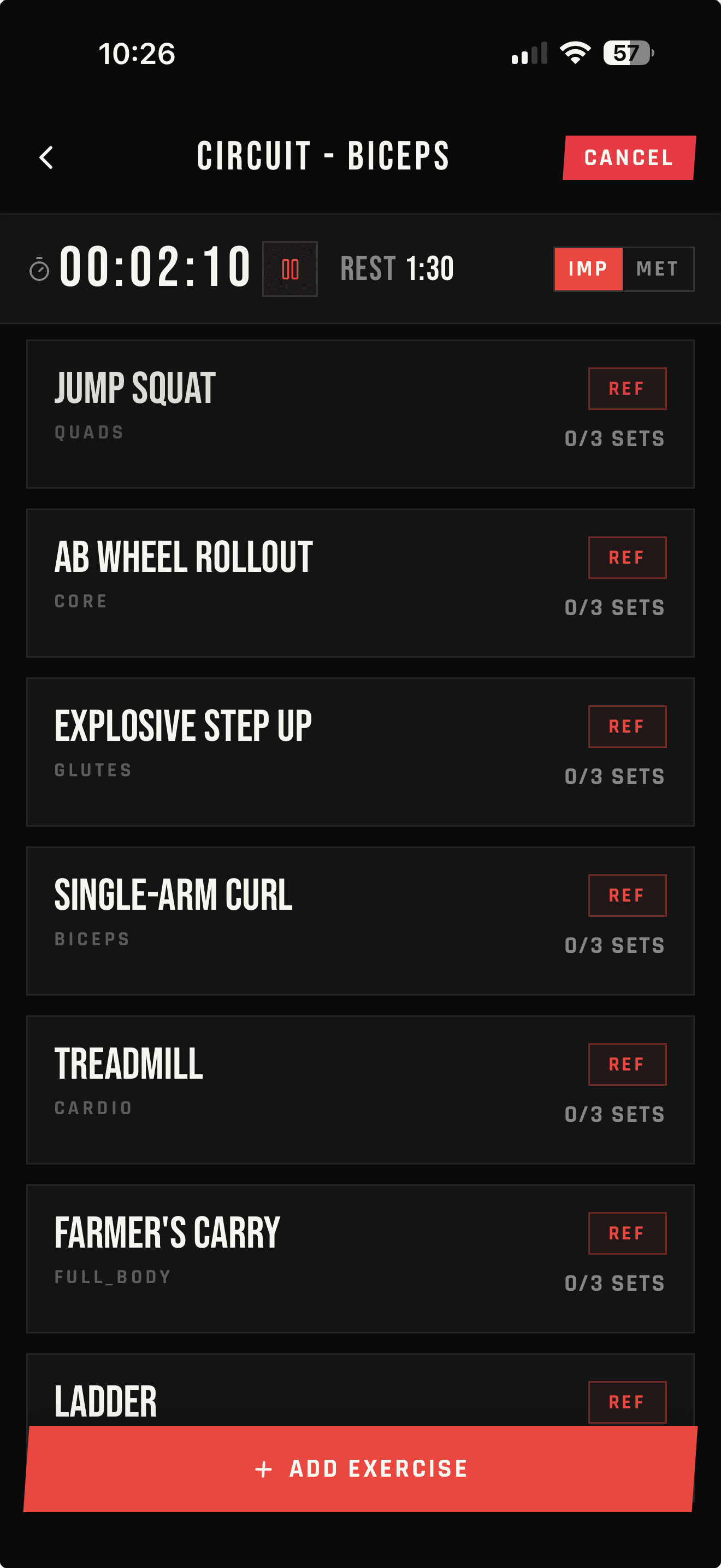 LIFTL active workout showing a varied circuit with strength, bodyweight, core, cardio, and full-body exercises