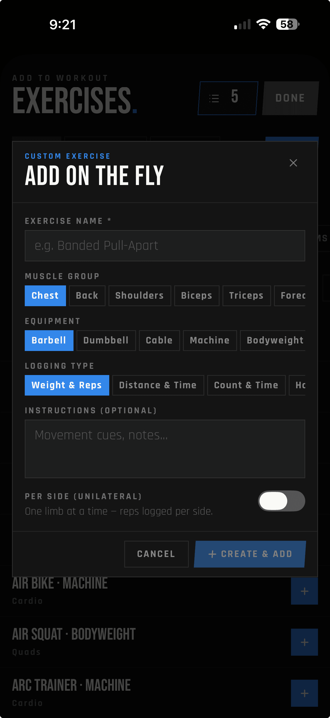 LIFTL Add on the Fly form for creating a custom exercise and adding it directly to the current workout
