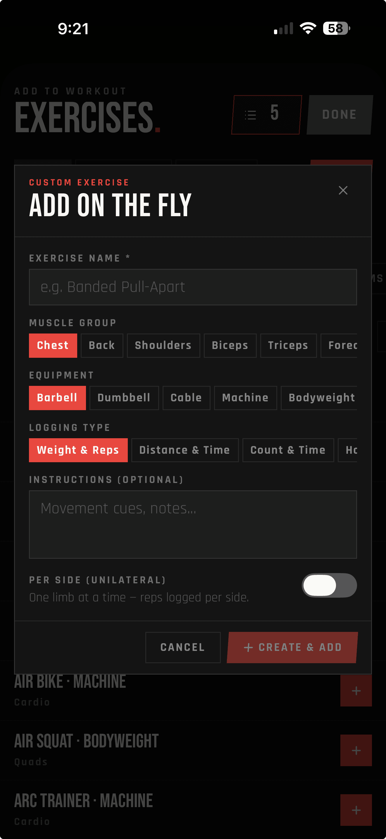LIFTL Add on the Fly form for creating a custom exercise and adding it directly to the current workout