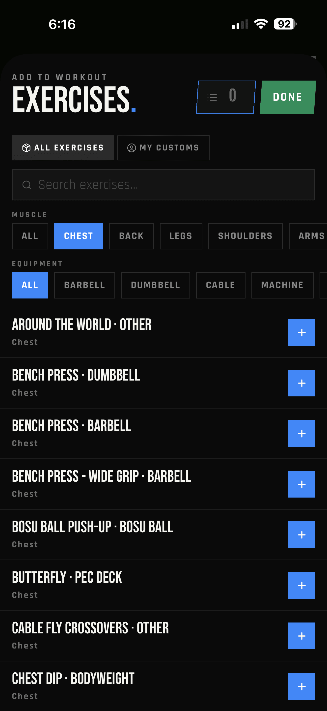 LIFTL exercise picker with search, muscle and equipment filters, custom exercises, and multi-select controls