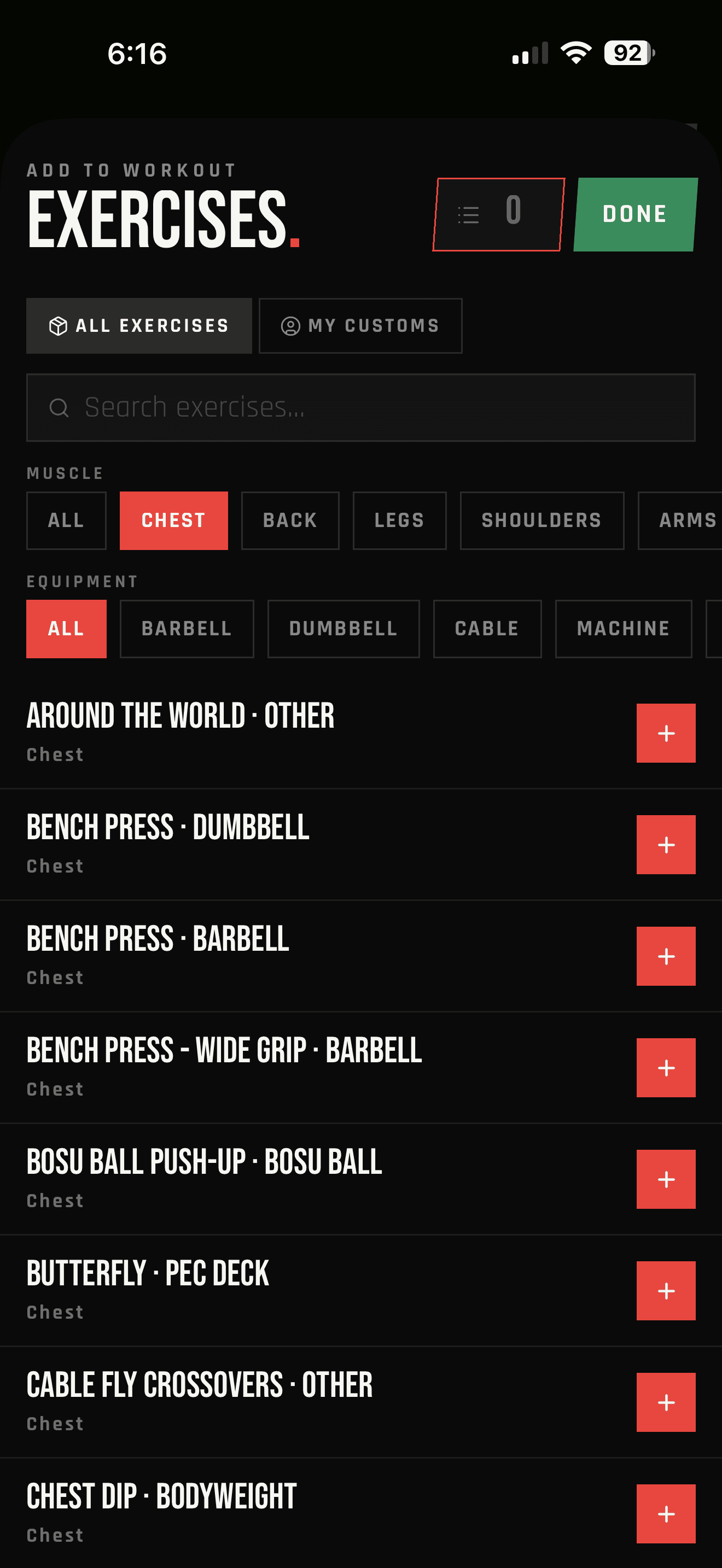 LIFTL exercise picker with search, muscle and equipment filters, custom exercises, and multi-select controls