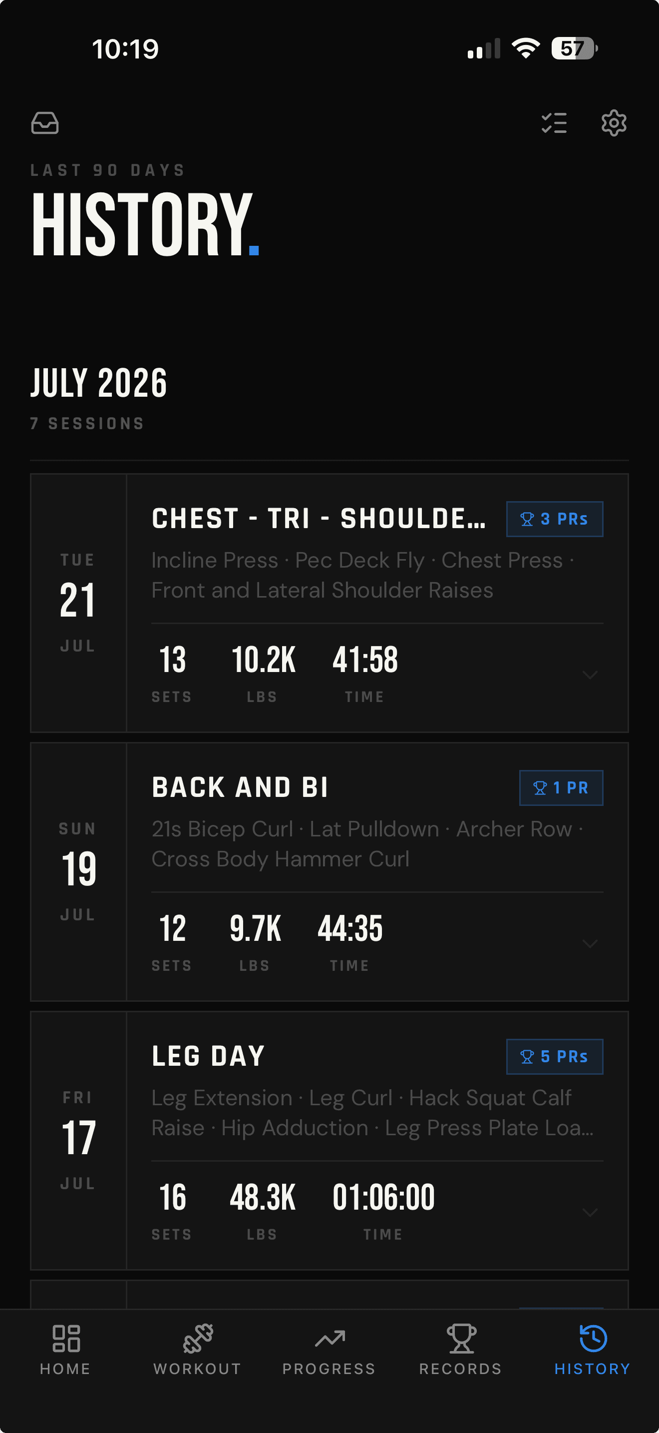 LIFTL workout history showing named sessions, dates, exercise summaries, sets, volume, duration, and personal records