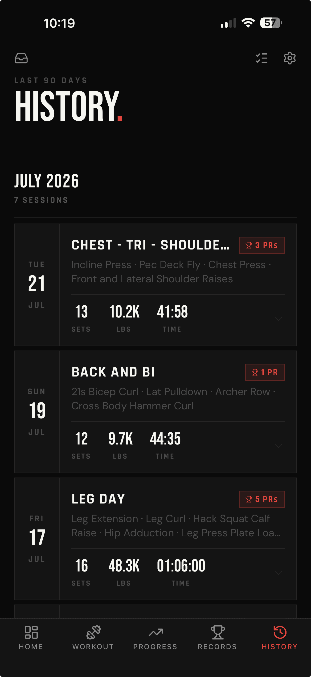 LIFTL workout history showing named sessions, dates, exercise summaries, sets, volume, duration, and personal records