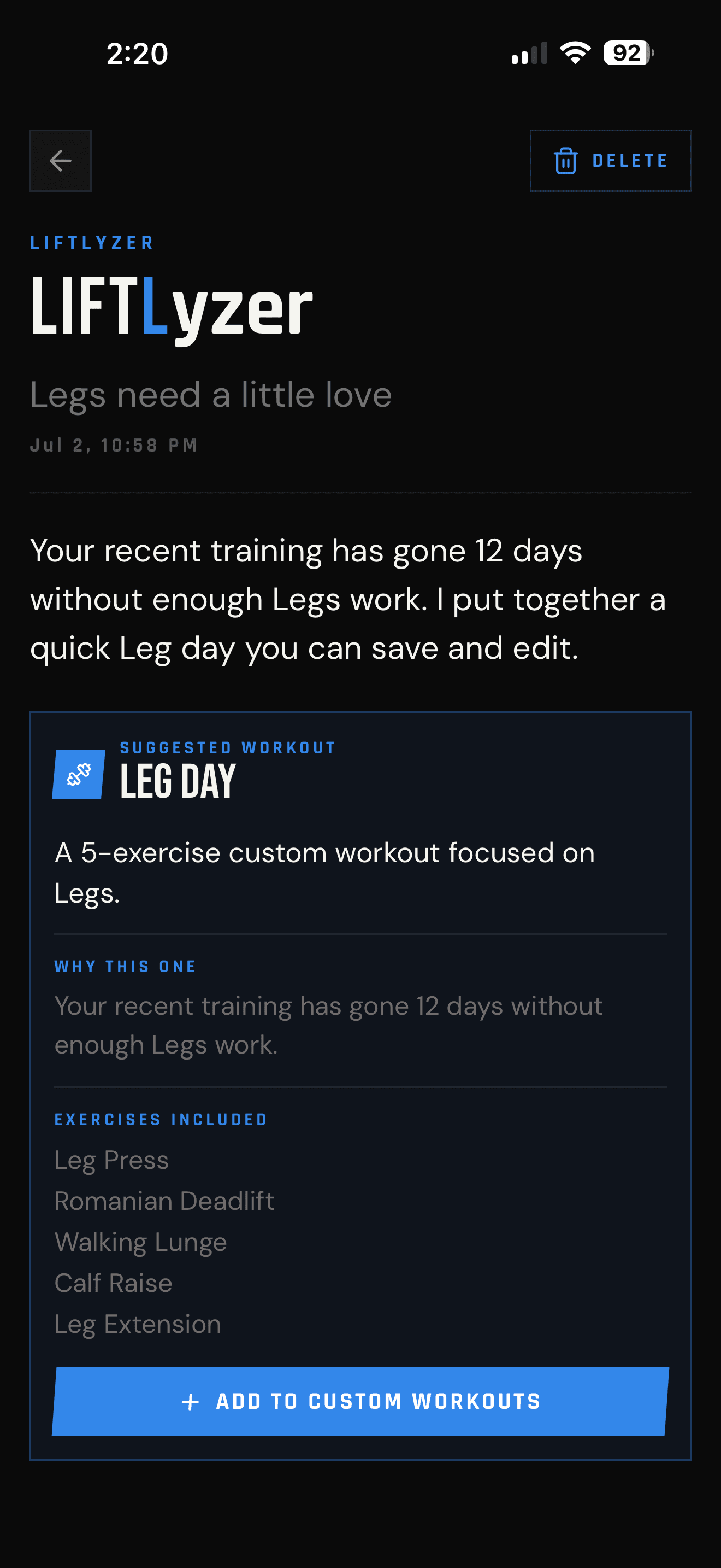 LIFTLyzer notification detail — Legs need a little love, with a suggested Leg Day workout
