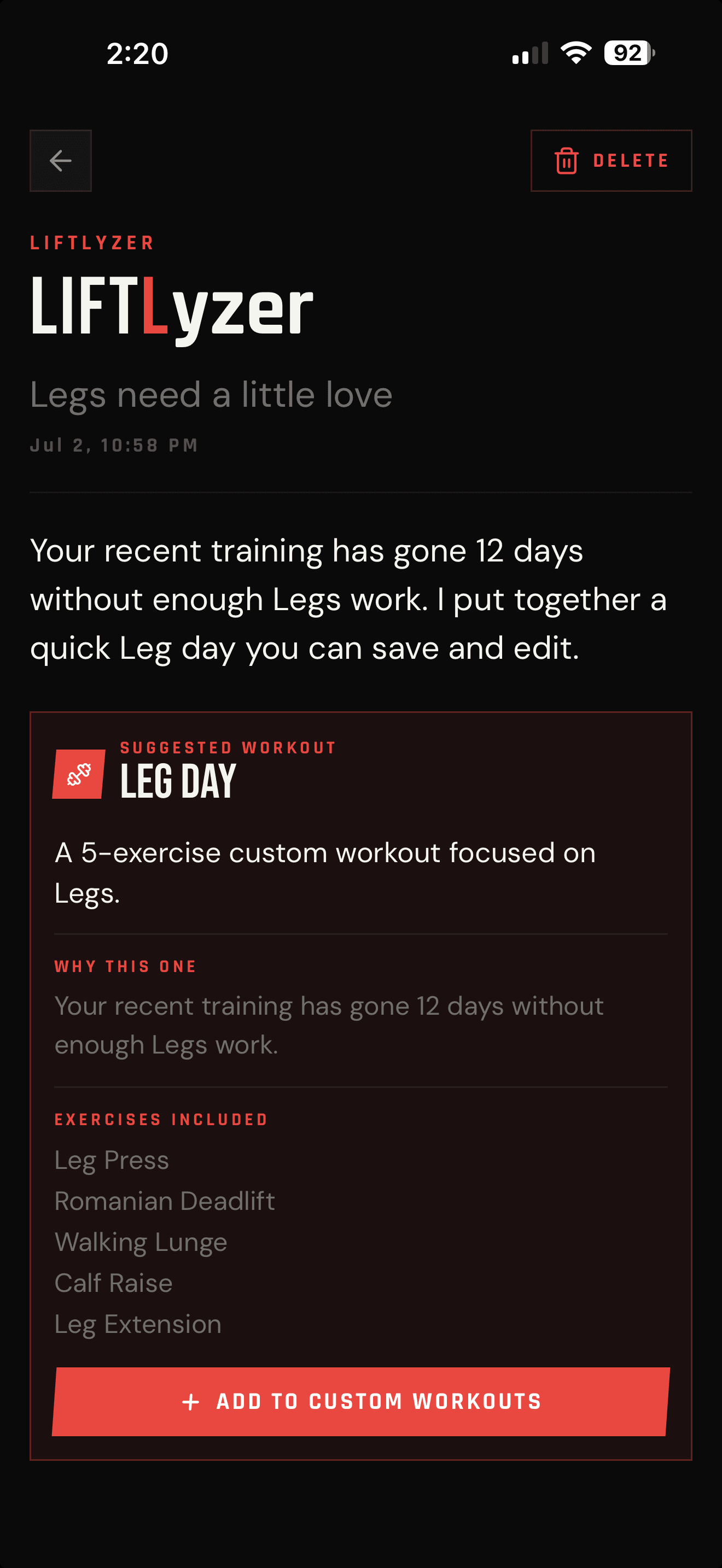 LIFTLyzer notification detail — Legs need a little love, with a suggested Leg Day workout