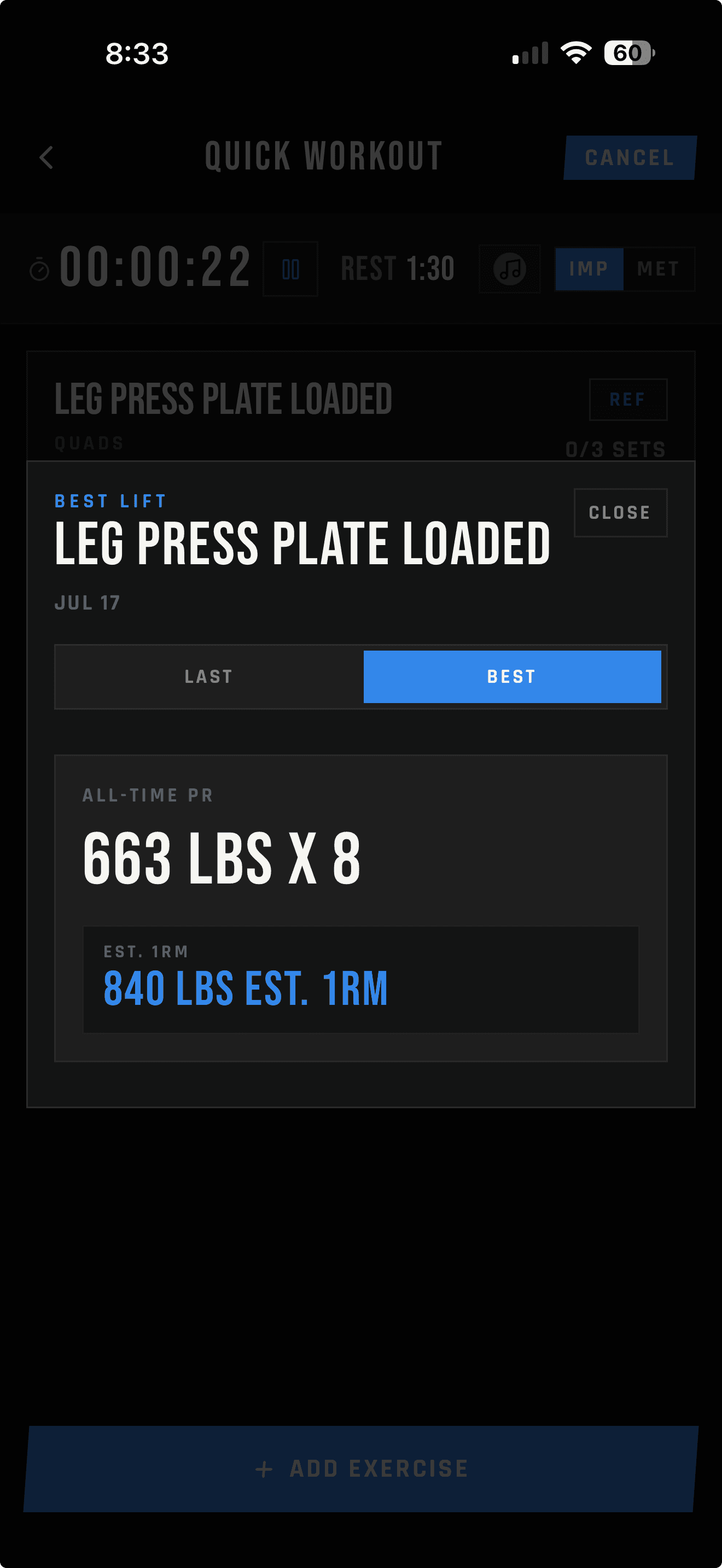 LIFTL Best tab showing an all-time leg press PR and estimated one-rep max