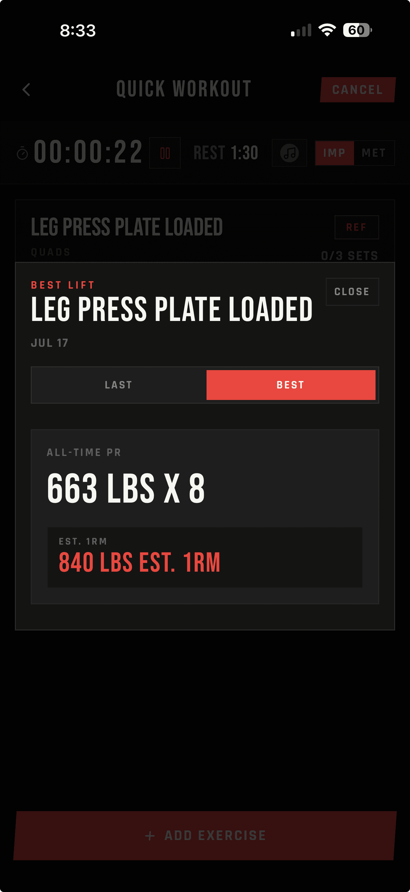 LIFTL Best tab showing an all-time leg press PR and estimated one-rep max