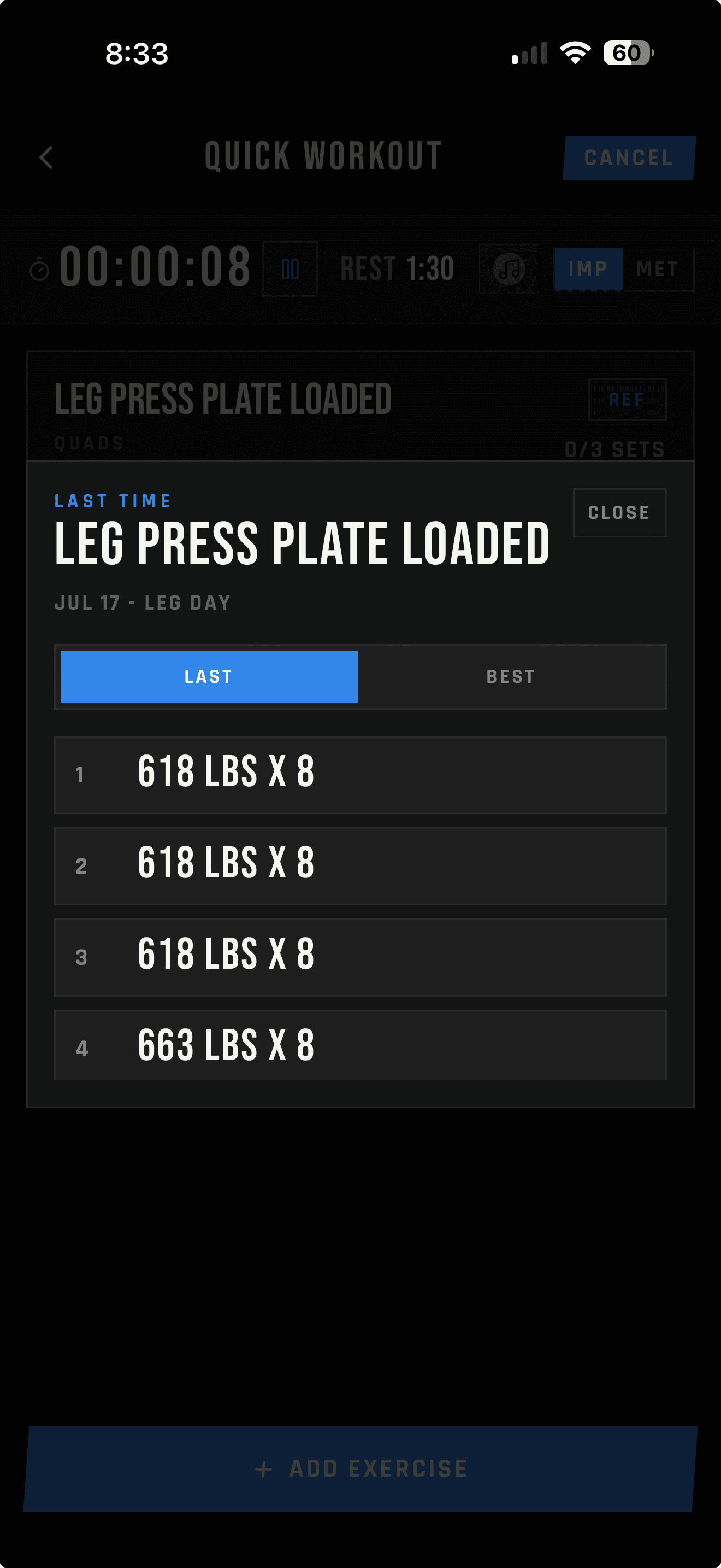 LIFTL Last tab showing the previous leg press workout and its four logged sets
