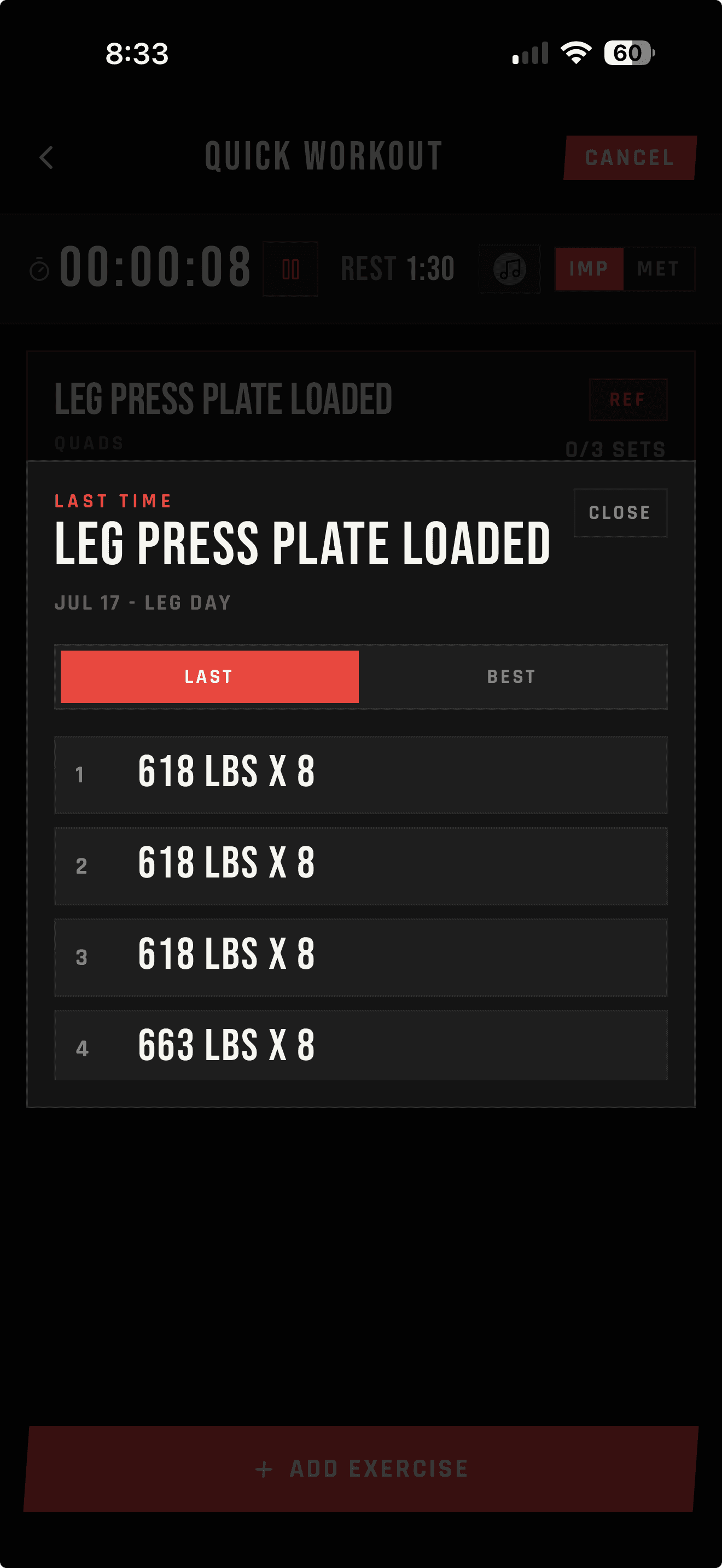 LIFTL Last tab showing the previous leg press workout and its four logged sets
