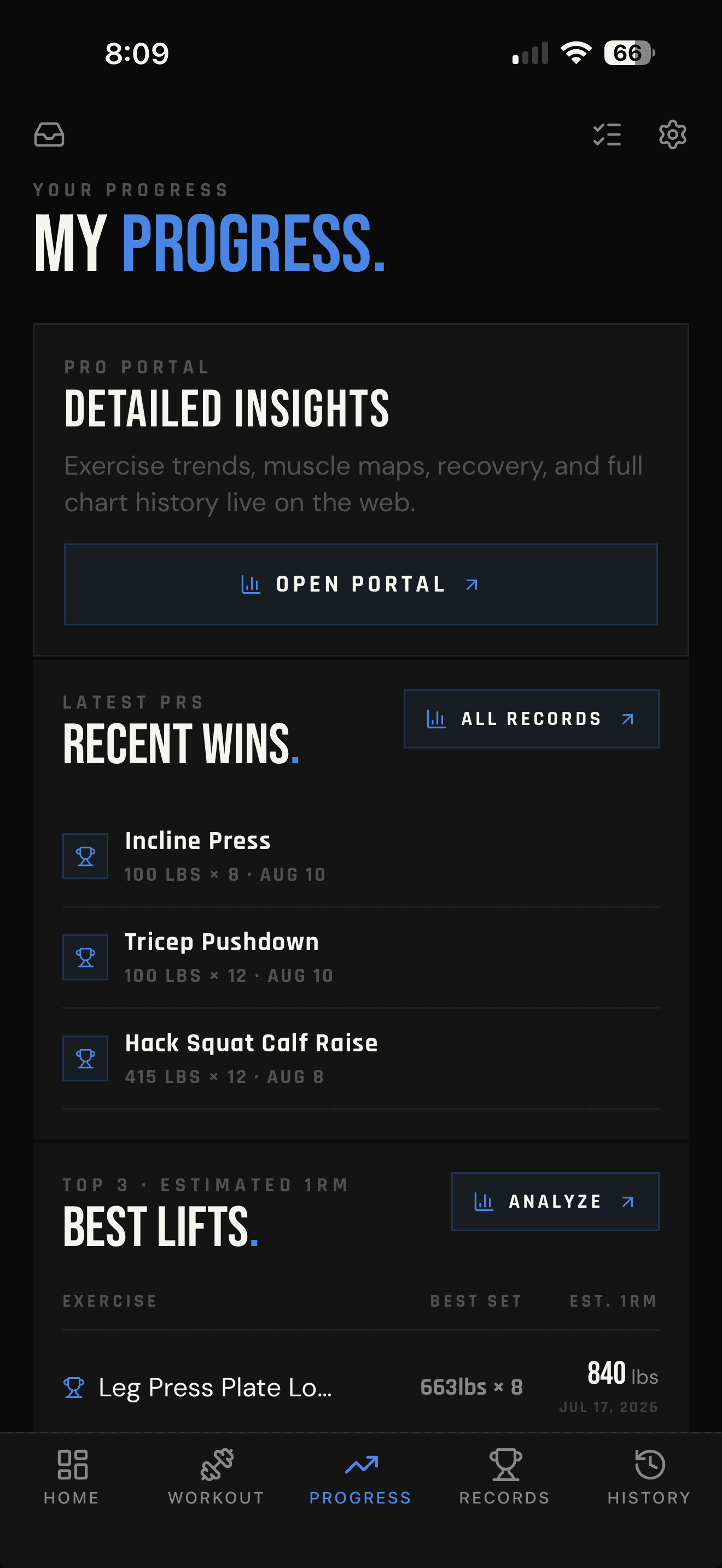 LIFTL mobile Progress screen with portal access, recent personal records, and best lifts