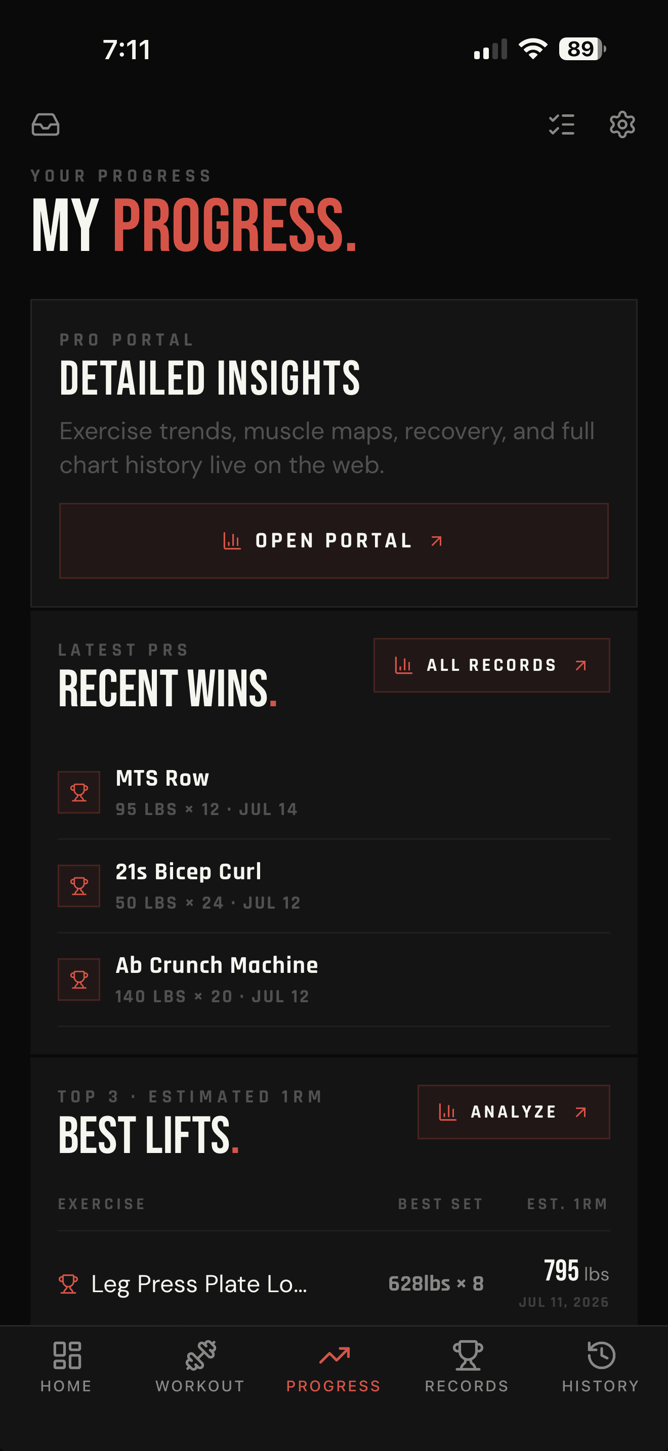 LIFTL mobile Progress screen with portal access, recent personal records, and best lifts