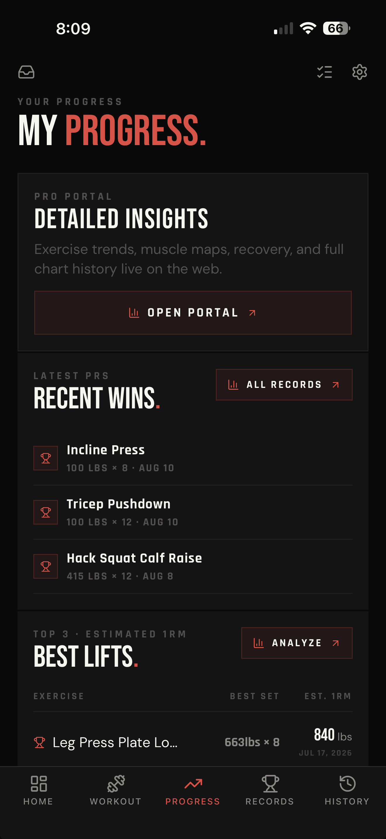 LIFTL mobile Progress screen with portal access, recent personal records, and best lifts