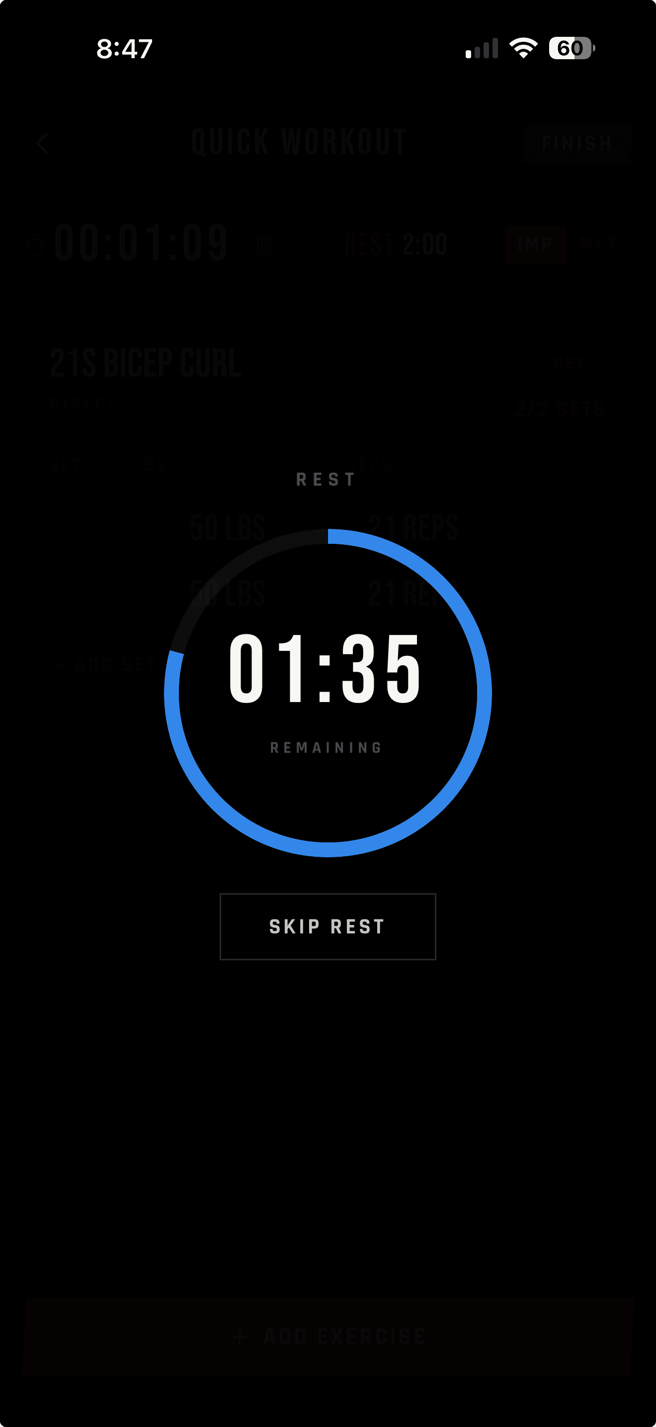 Current LIFTL automatic rest timer running inside an active workout