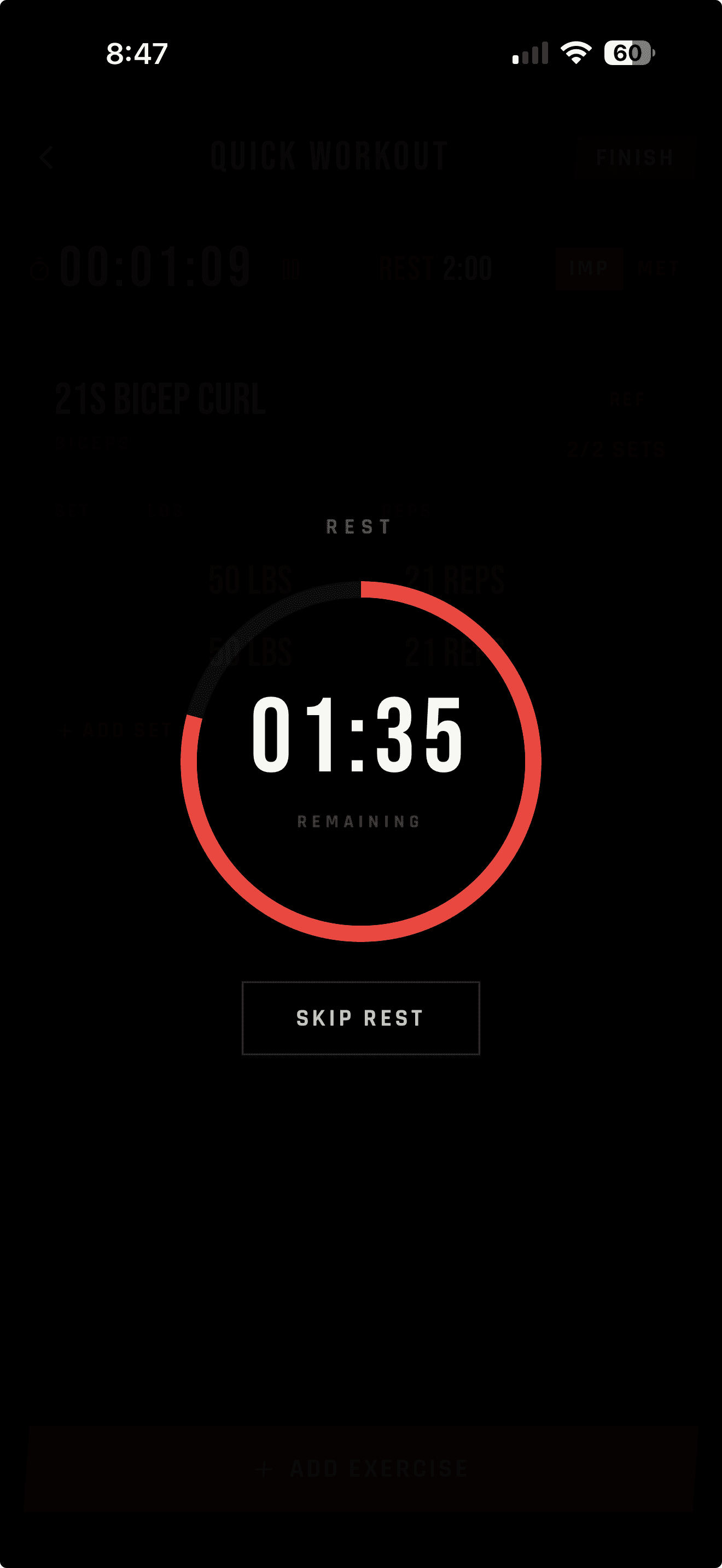 LIFTL automatic rest timer counting down after a logged set