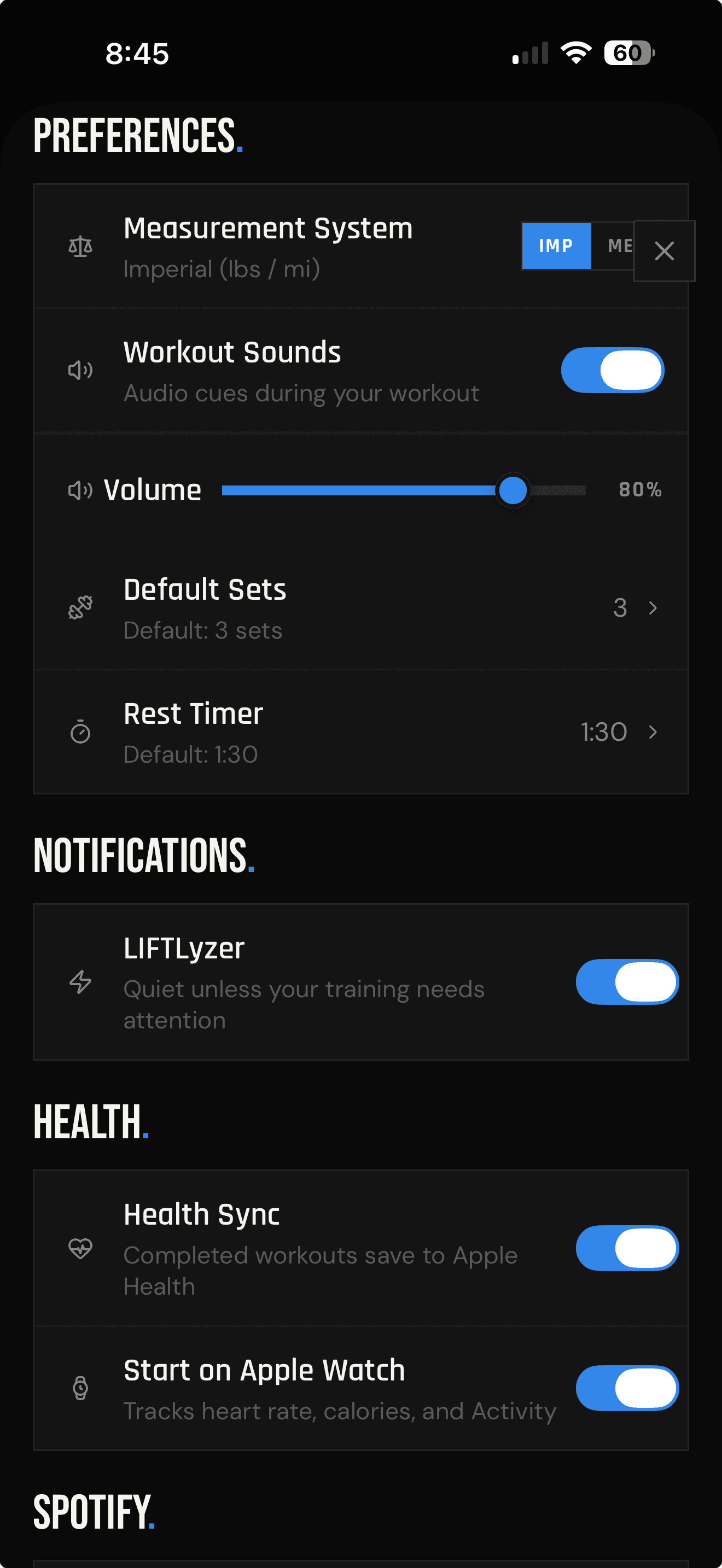 LIFTL settings showing Health Sync and Start on Apple Watch controls