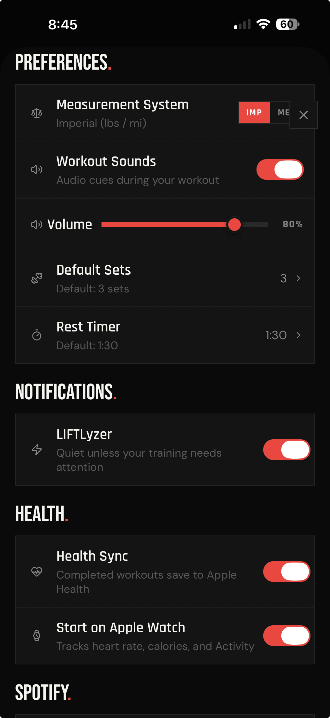 LIFTL Preferences showing the global rest timer default, Workout Sounds toggle, and volume control