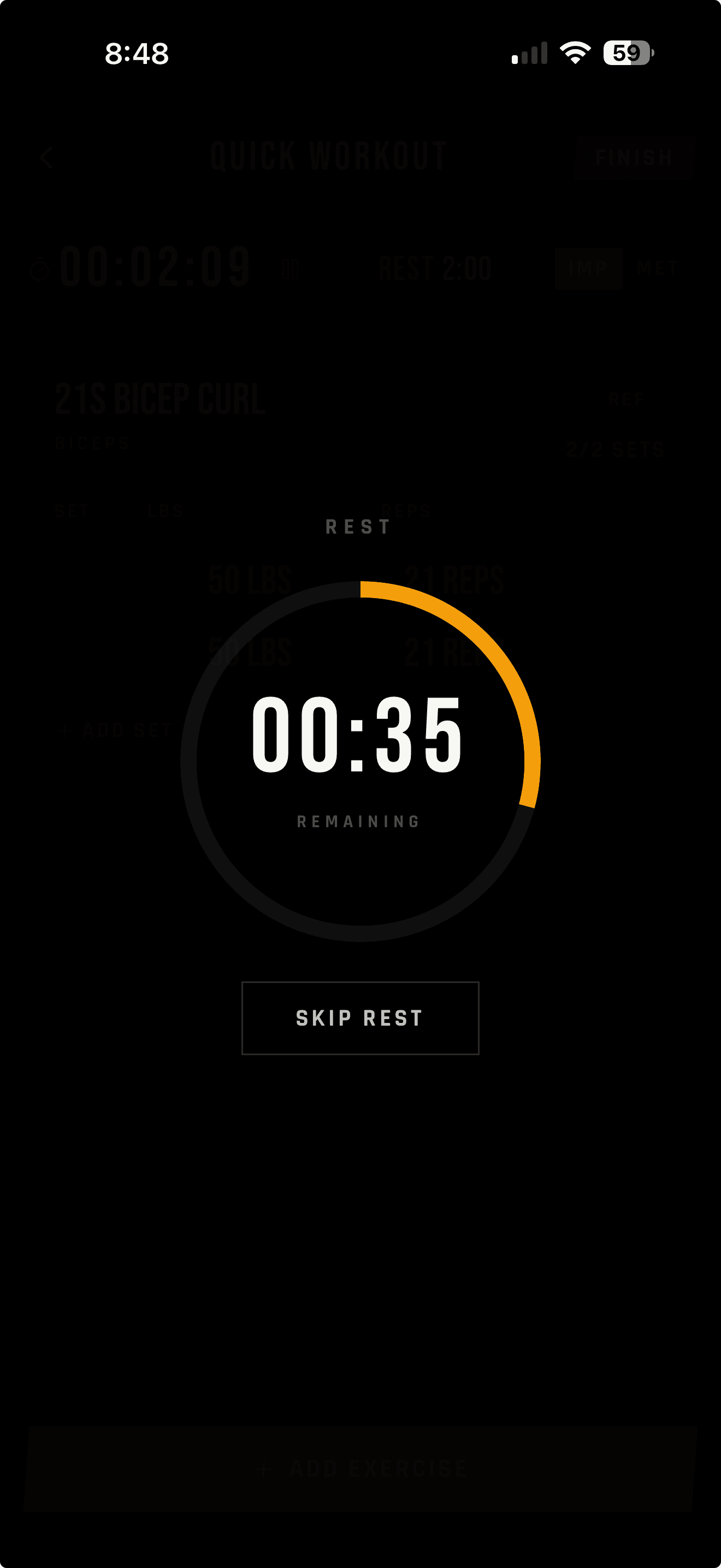 LIFTL rest timer near completion with a yellow progress ring