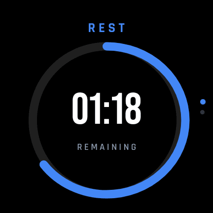 LIFTL automatic rest timer counting down on a Wear OS watch