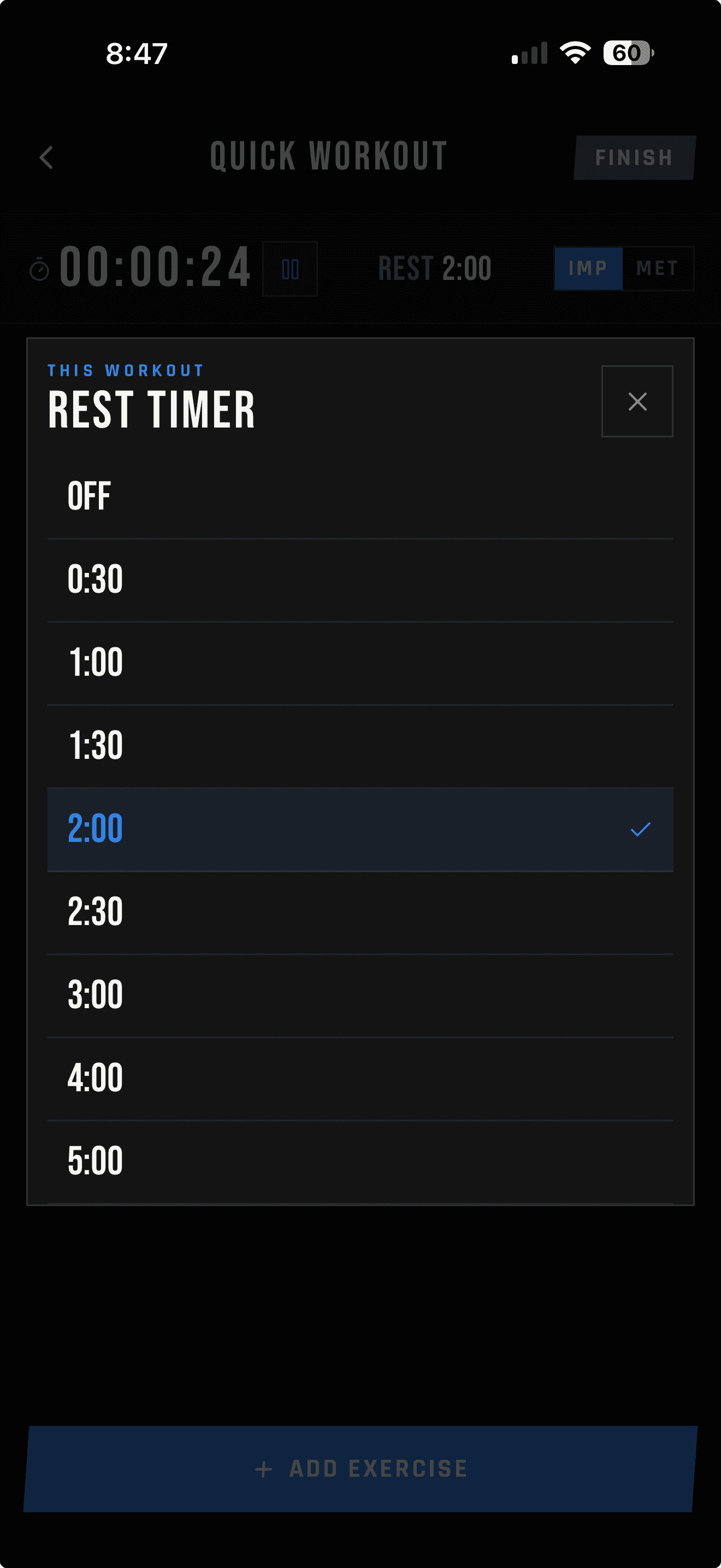 LIFTL This Workout rest timer control showing duration choices from Off through five minutes
