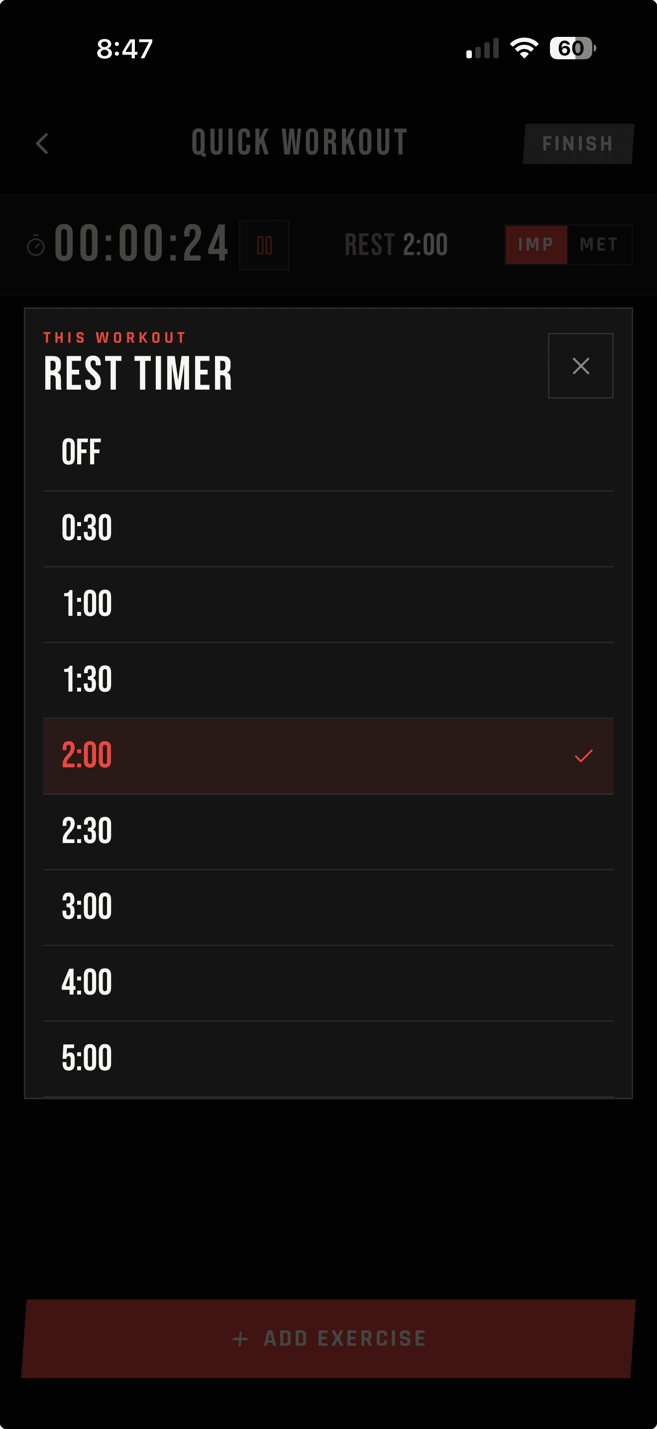 LIFTL This Workout rest timer control showing duration choices from Off through five minutes