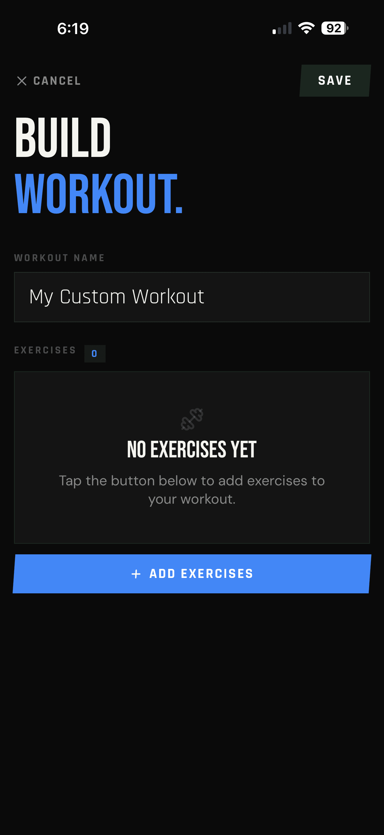 LIFTL workout builder for naming a custom workout and adding exercises