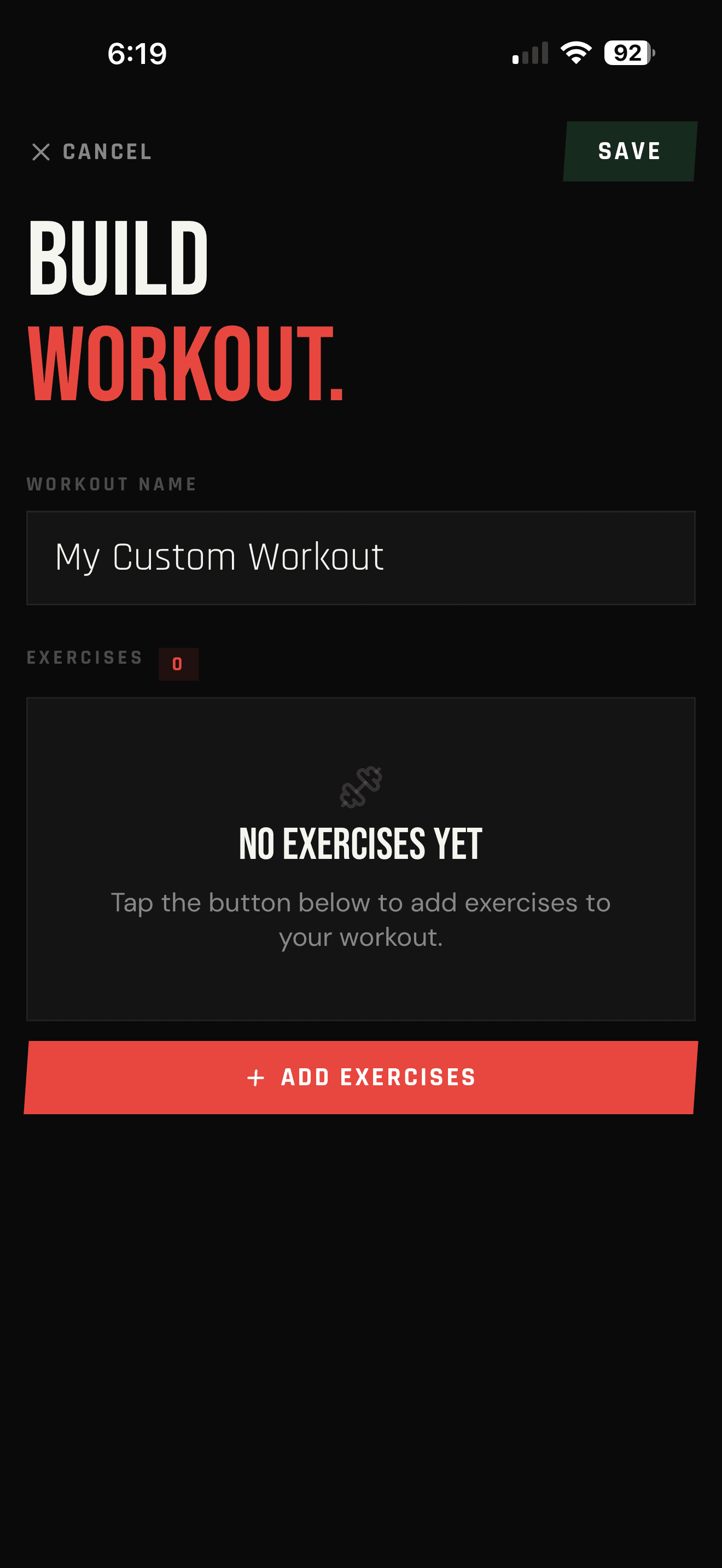 LIFTL workout builder for naming a custom workout and adding exercises