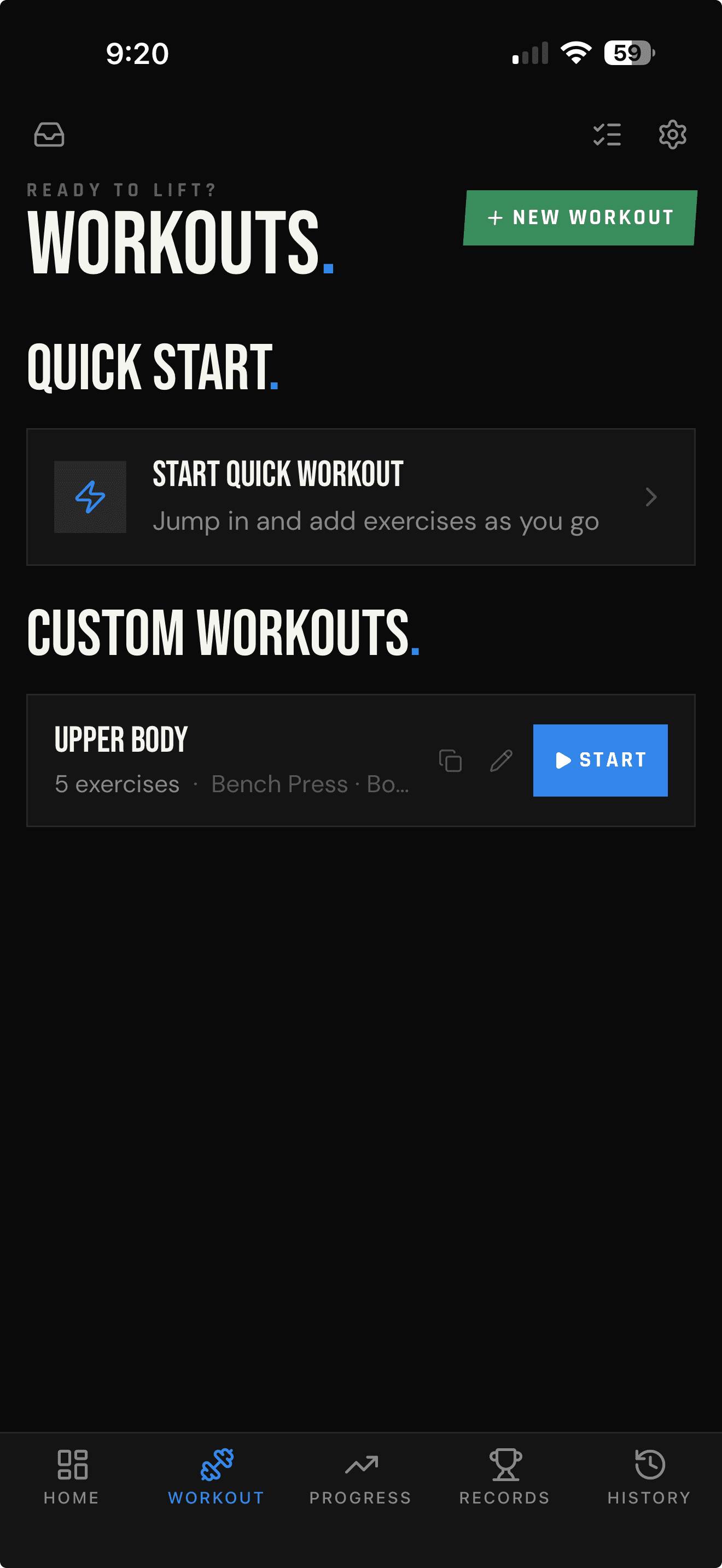 LIFTL Workouts screen showing Quick Start and a saved custom workout with its Start button