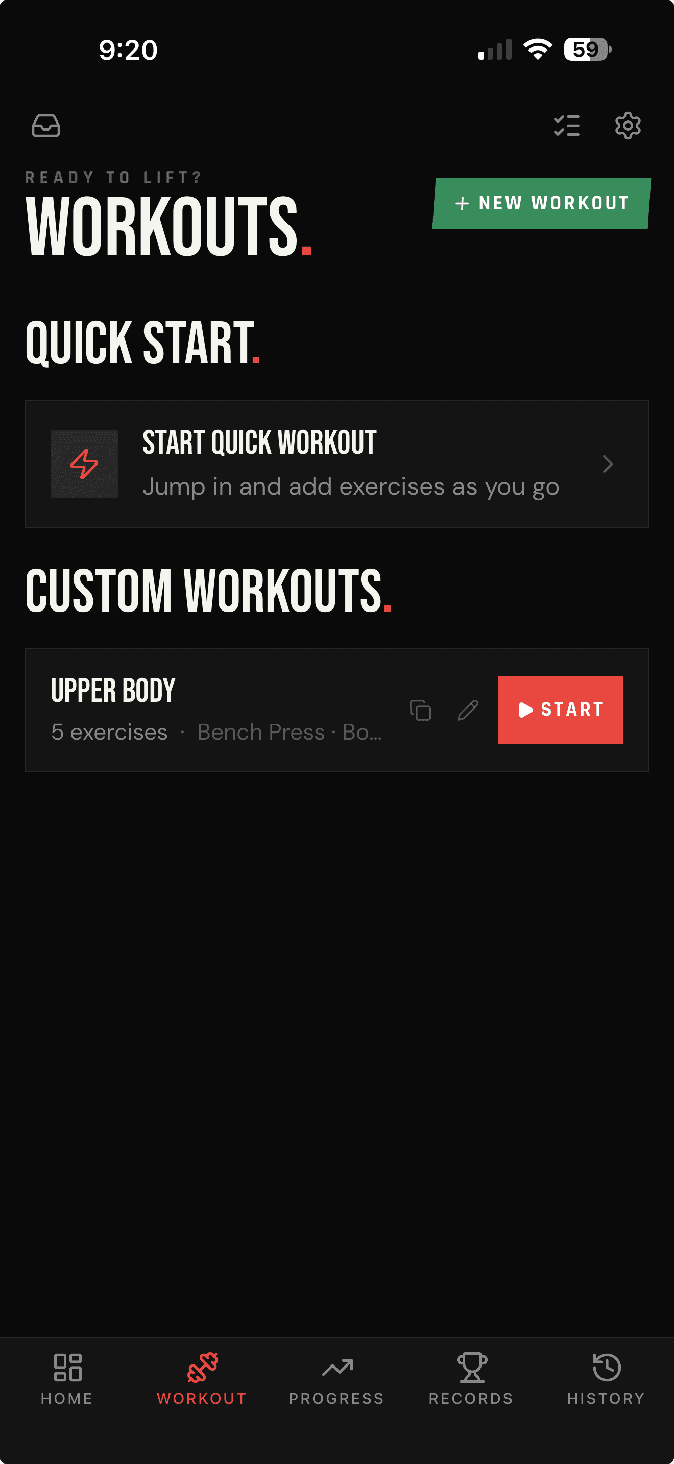 LIFTL Workouts screen showing Quick Start and a saved custom workout with its Start button