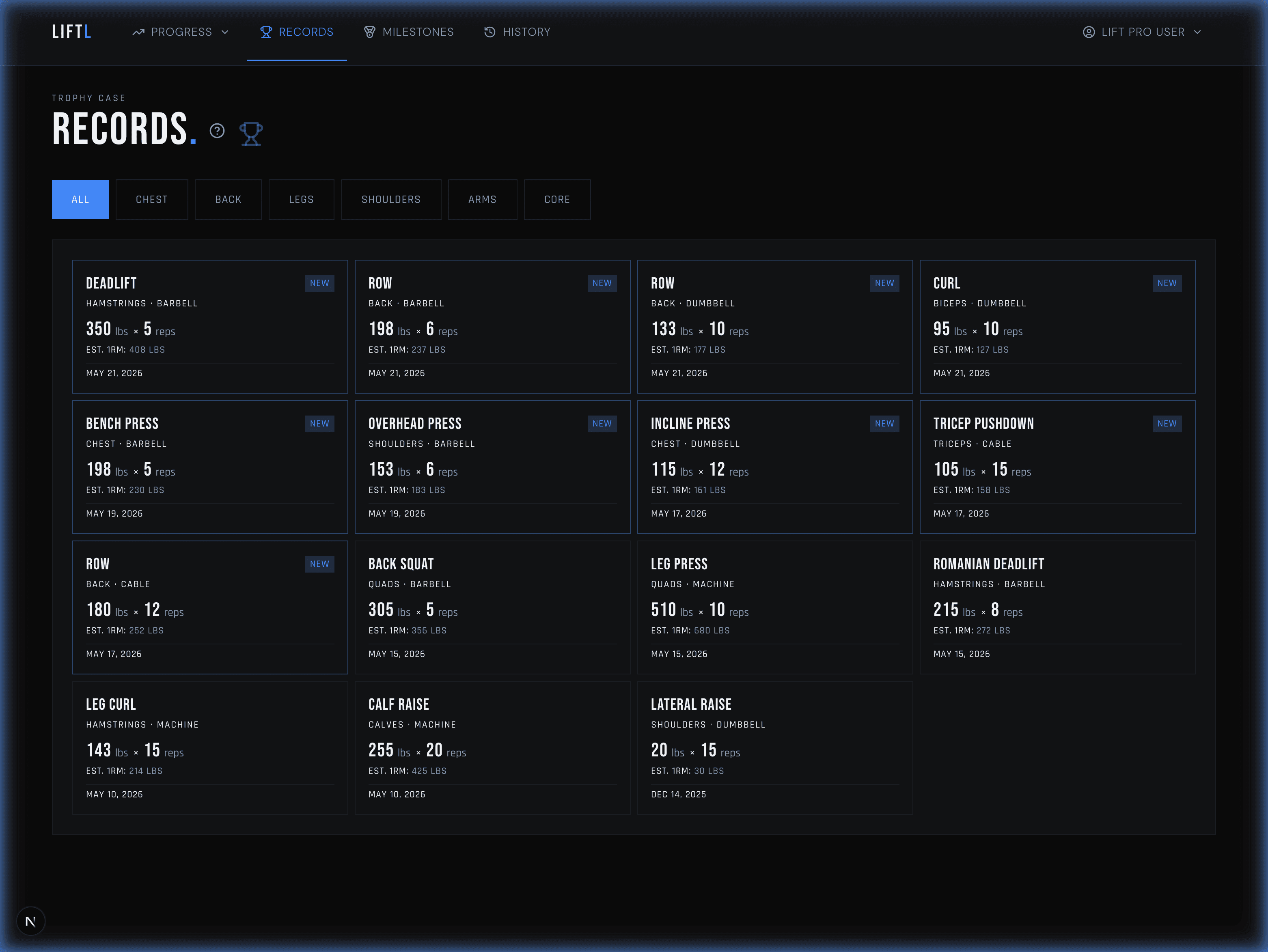 LIFTL Records view showing personal records with logged weight, reps, estimated one-rep max, and date