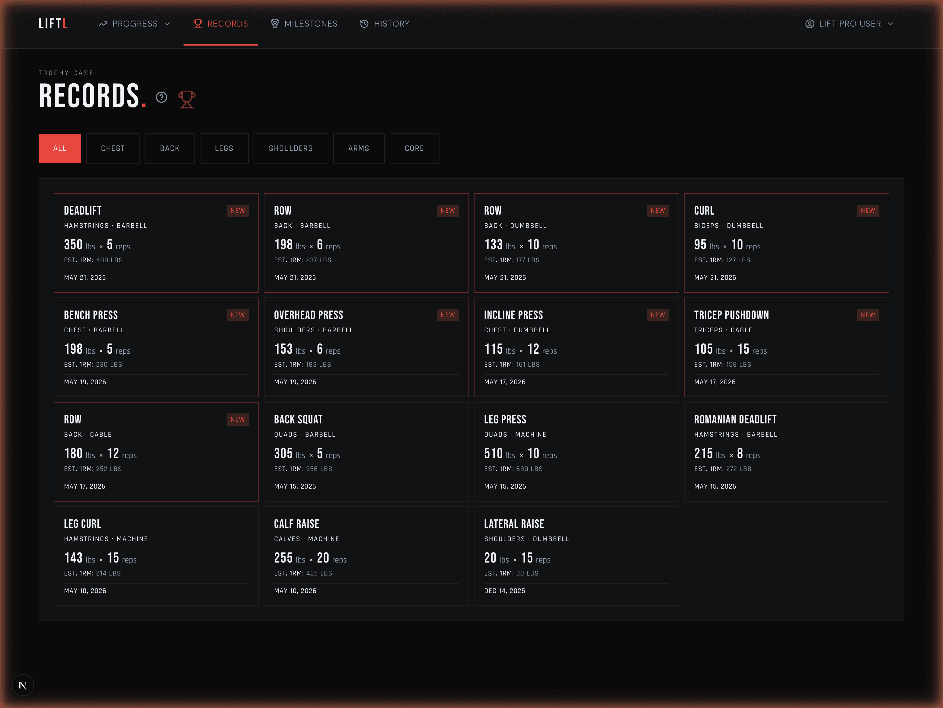 LIFTL Records view showing personal records with logged weight, reps, estimated one-rep max, and date